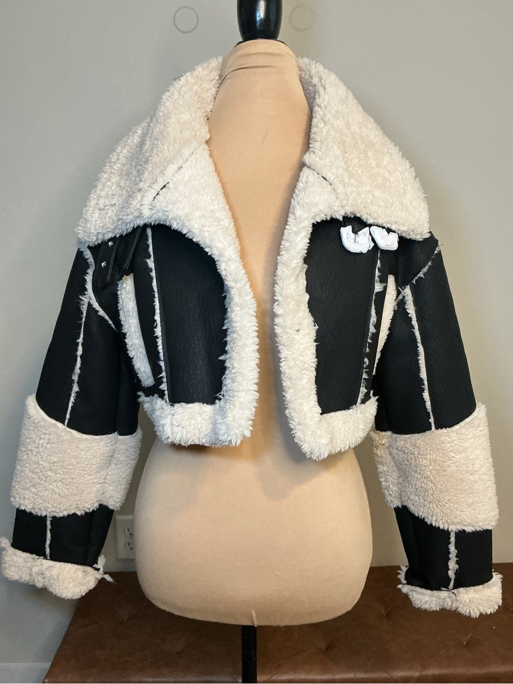 Cropped Faux Shearling Aviator Jacket - Black & Cream